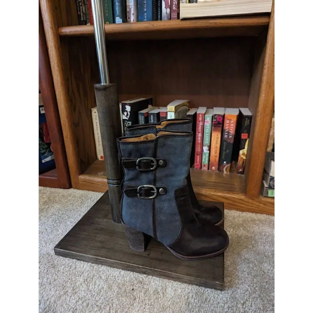 Naya Lightning Womens Brown Gray Leather Ankle Boots Size 7.5W Moto Zips Buckles